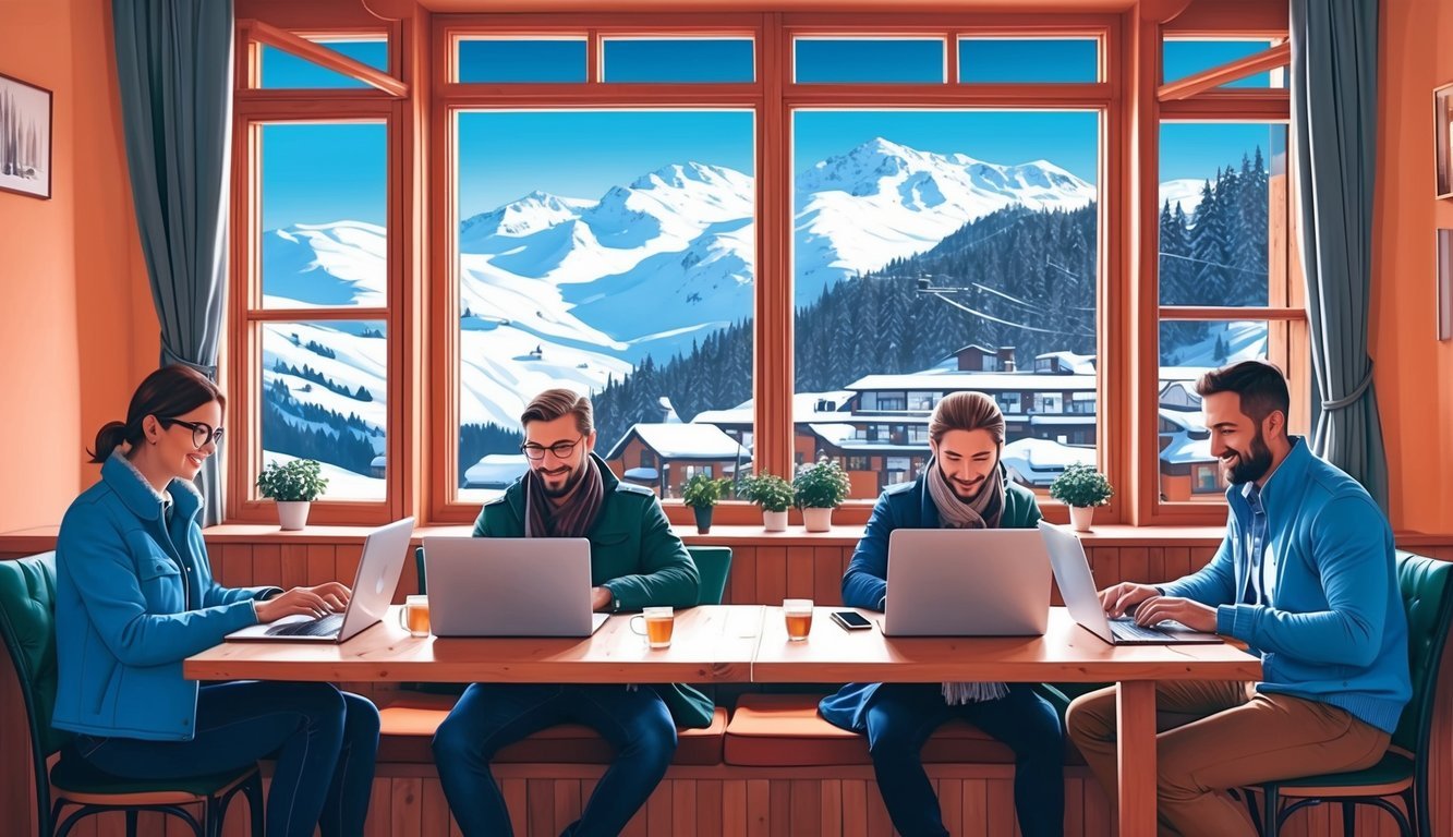 A cozy cafe in Bansko, Bulgaria, filled with laptops and people working.</p><p>Snow-capped mountains visible through the window