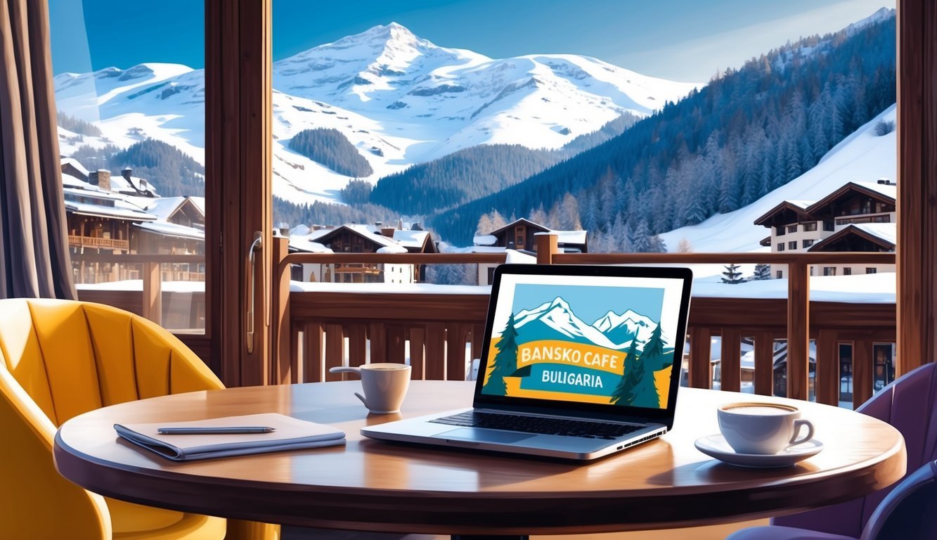 A cozy cafe in Bansko, Bulgaria, with a view of the snow-capped mountains, a laptop, and a cup of coffee on the table
