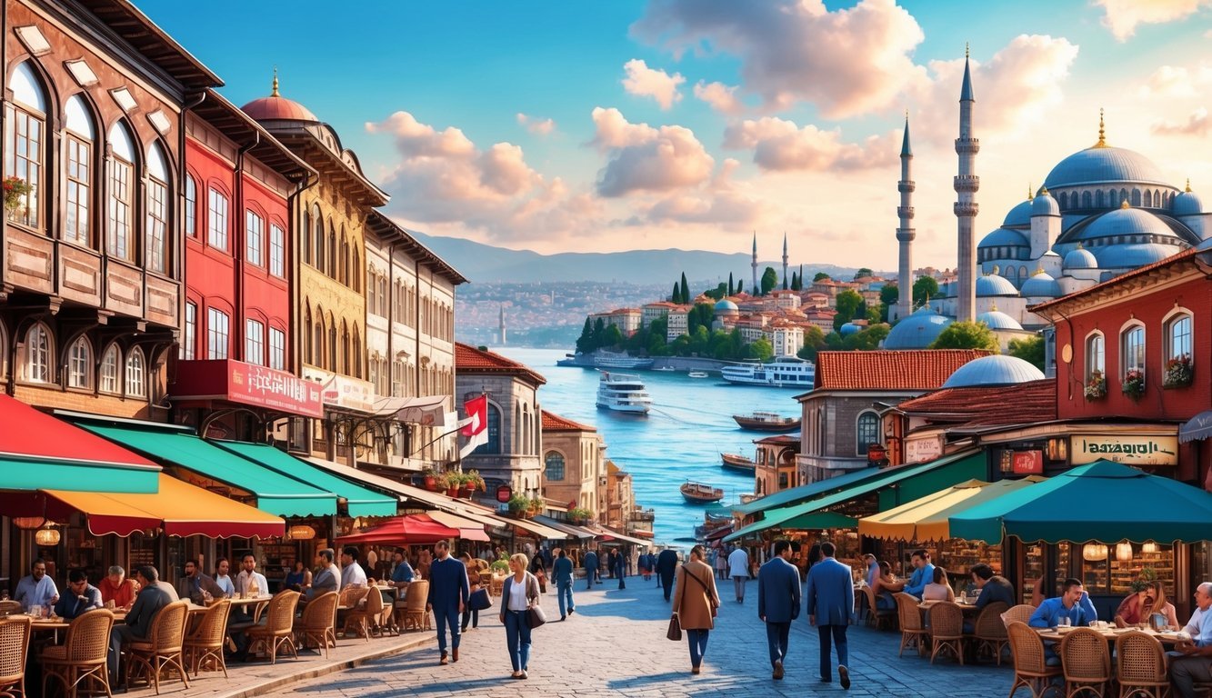 Busy Istanbul street with colorful bazaars, historic architecture, and bustling cafes, surrounded by the Bosphorus and iconic mosques