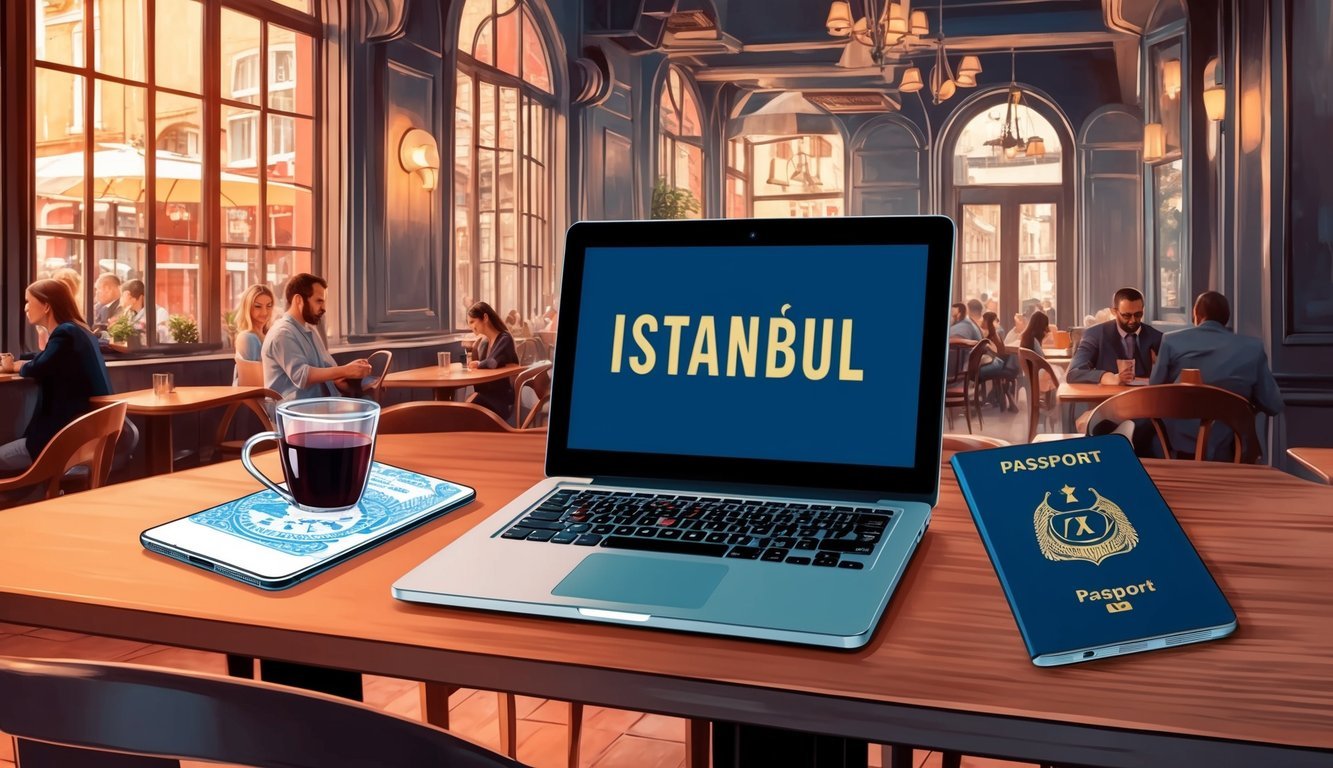 A laptop, smartphone, and passport on a table in a bustling Istanbul cafe
