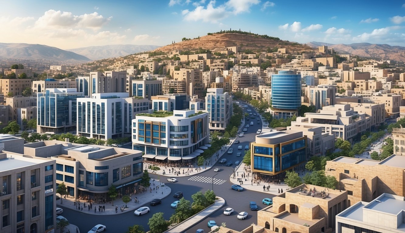 A bustling cityscape with modern buildings, bustling streets, and a mix of traditional and contemporary architecture, set against the backdrop of the hilly landscape of Amman, Jordan