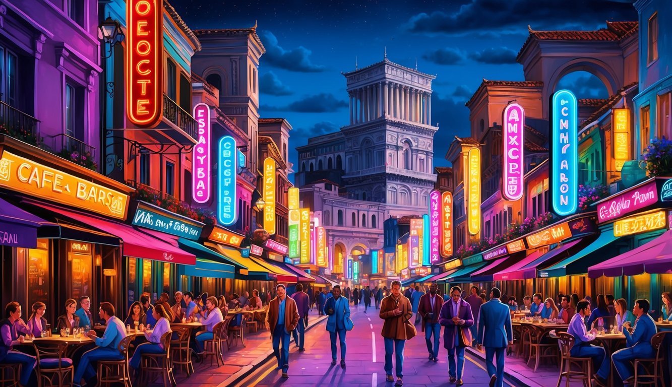Busy street lined with colorful cafes and bars, illuminated by vibrant neon signs and bustling with people.</p><p>Tall buildings and ancient architecture create a dynamic backdrop against the night sky