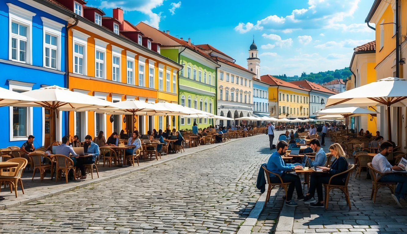 A bustling street in Plovdiv, Bulgaria, with colorful buildings, cobblestone roads, and outdoor cafes filled with digital nomads working on laptops