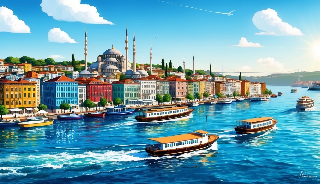 Istanbul skyline with colorful buildings and boats on the Bosphorus during a sunny day, with clear blue skies and a gentle breeze