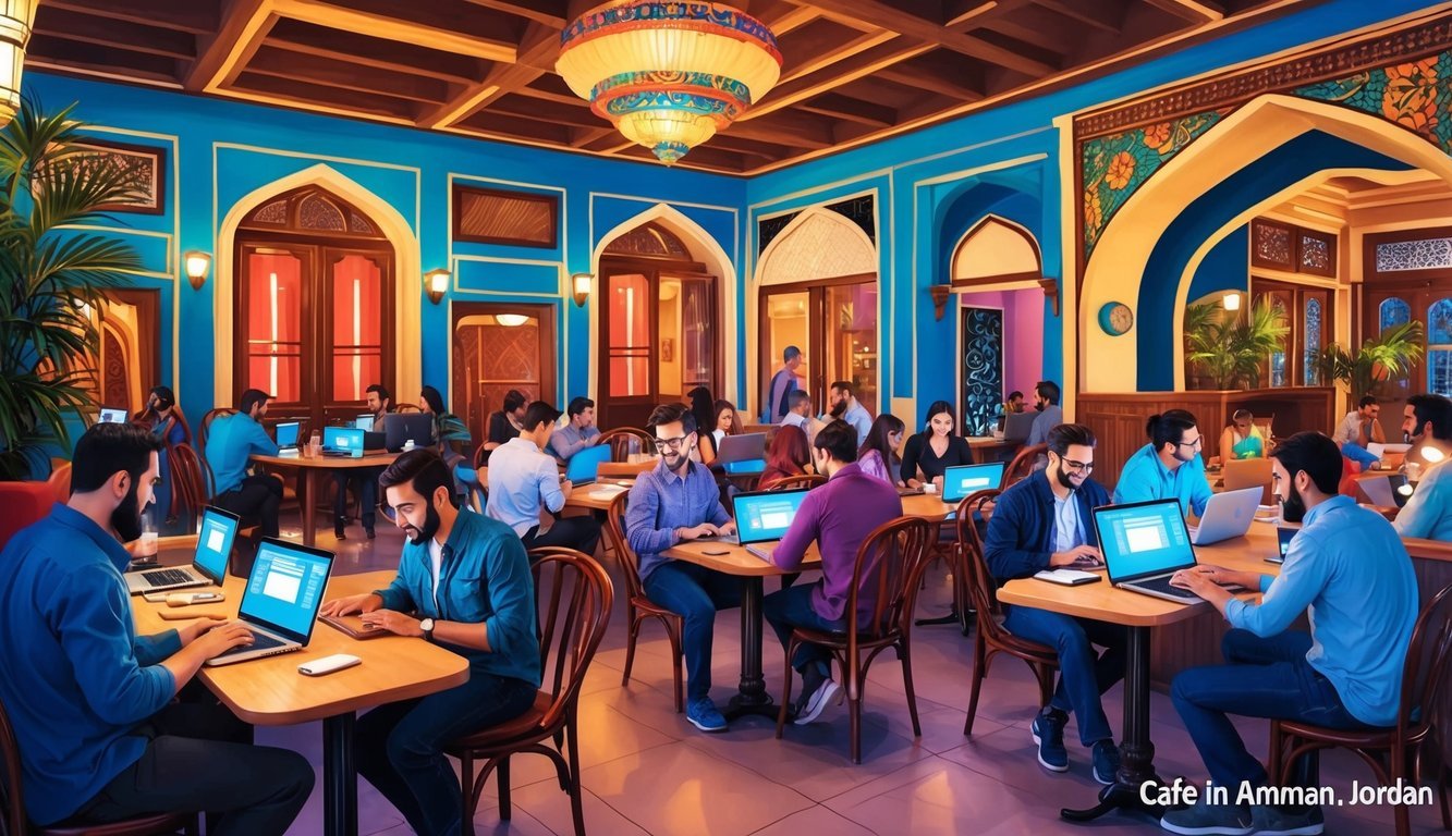 A bustling cafe in Amman, Jordan, filled with digital nomads working on laptops amidst vibrant decor and traditional Arabic music playing in the background