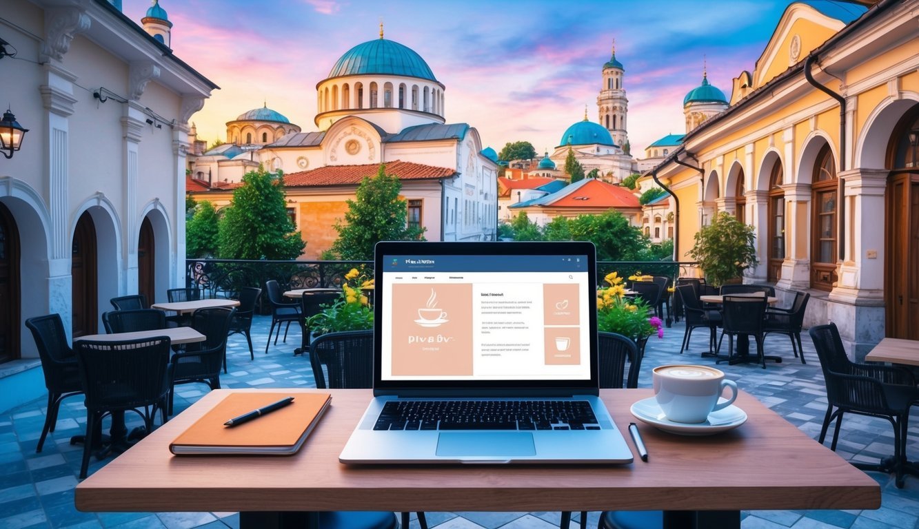 A cozy cafe in Plovdiv, Bulgaria, with a laptop, notebook, and coffee on a table, surrounded by historic architecture and a vibrant city atmosphere