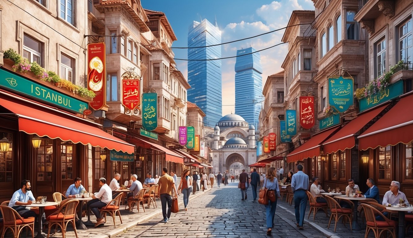 A bustling Istanbul street with colorful signs and bustling cafes, surrounded by ancient architecture and modern skyscrapers