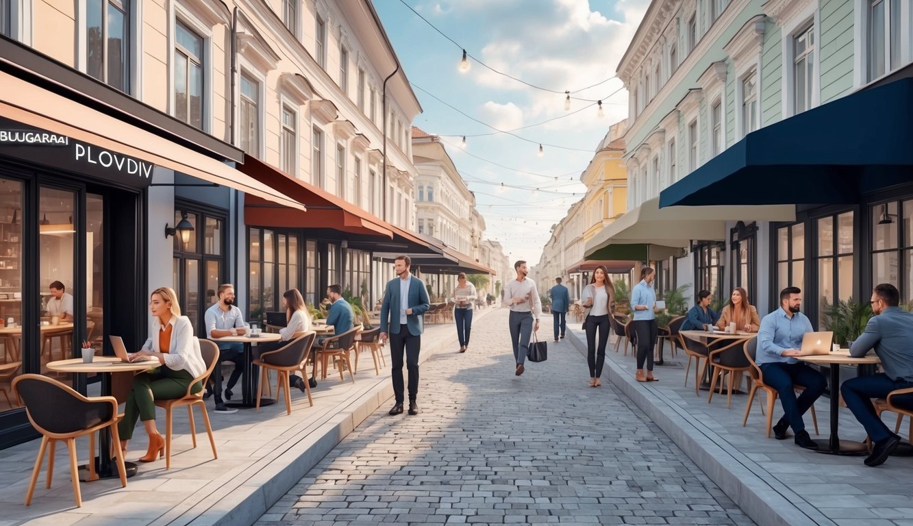 A bustling street in Plovdiv, Bulgaria, with modern cafes, co-working spaces, and people networking and collaborating