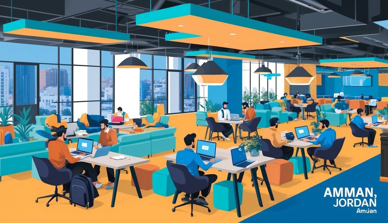 A bustling co-working space in Amman, Jordan, filled with modern amenities and digital nomads working on laptops