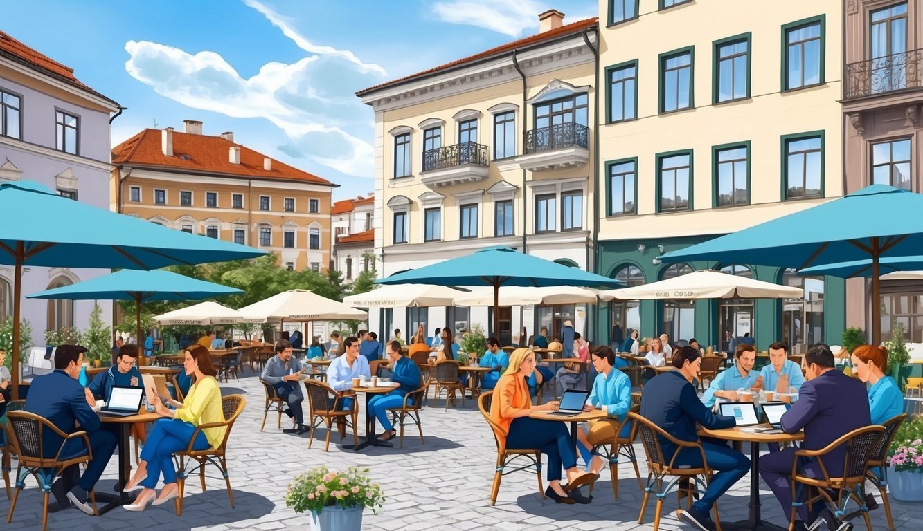 A bustling outdoor cafe in Plovdiv, Bulgaria, with people chatting, drinking coffee, and working on laptops.</p><p>Surrounding buildings show a mix of historic and modern architecture