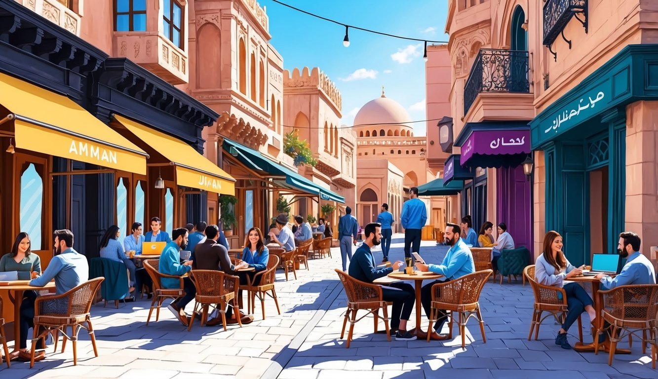 A bustling street in Amman, Jordan, with digital nomads interacting at a vibrant outdoor cafe, surrounded by historic architecture and modern amenities