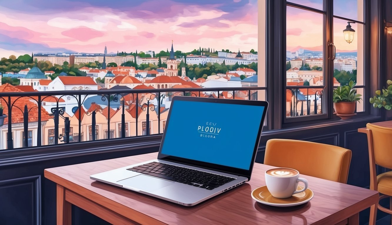A cozy cafe in Plovdiv, Bulgaria, with a laptop, coffee, and city view