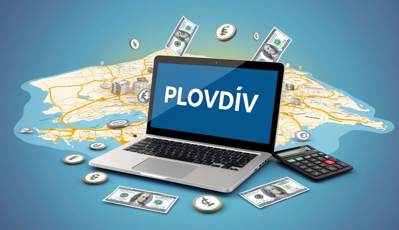 A laptop surrounded by currency symbols and a calculator, with a map of Plovdiv in the background