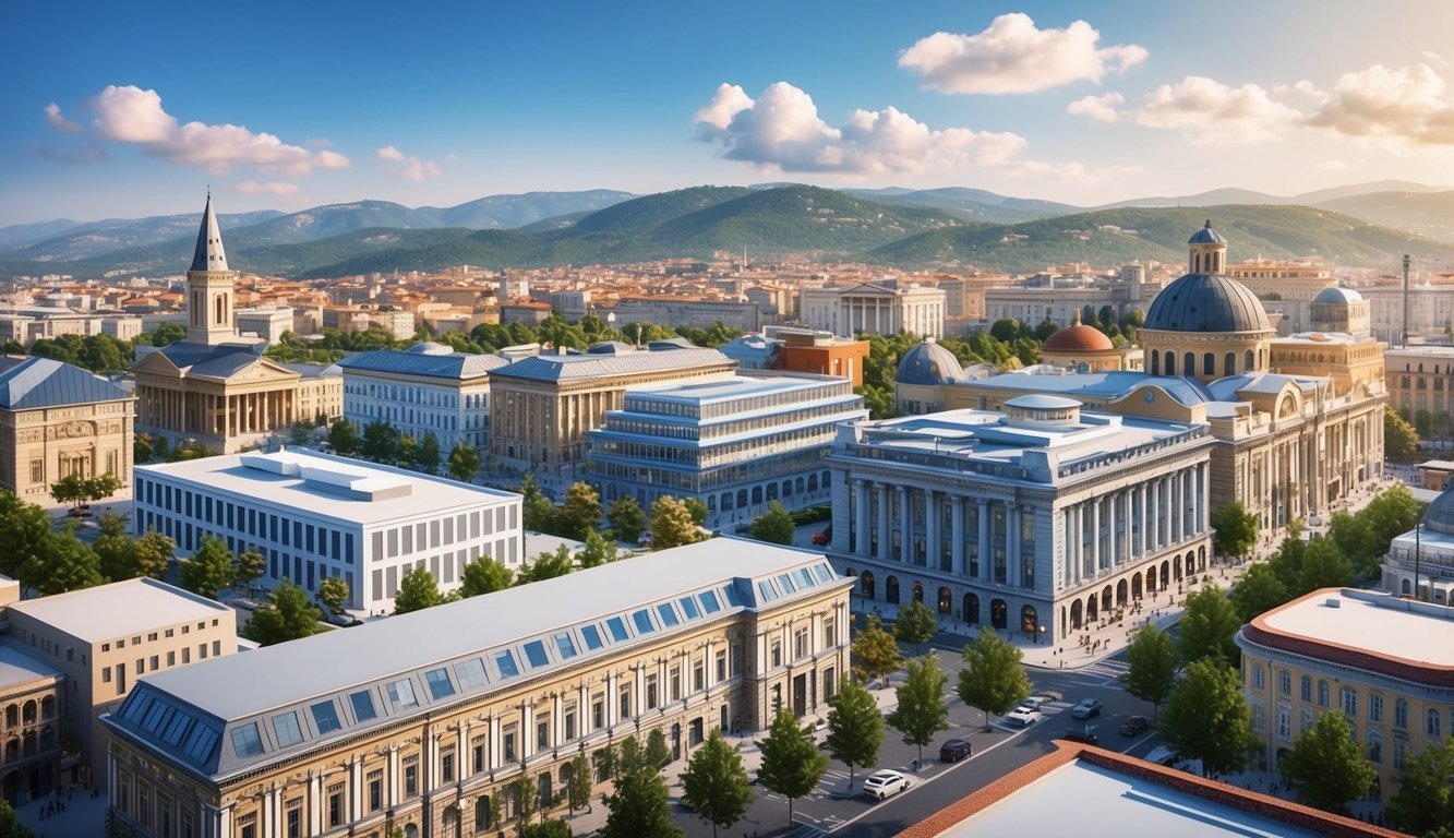 A bustling cityscape with modern co-working spaces, historic architecture, and scenic views of the Rhodope Mountains in the background