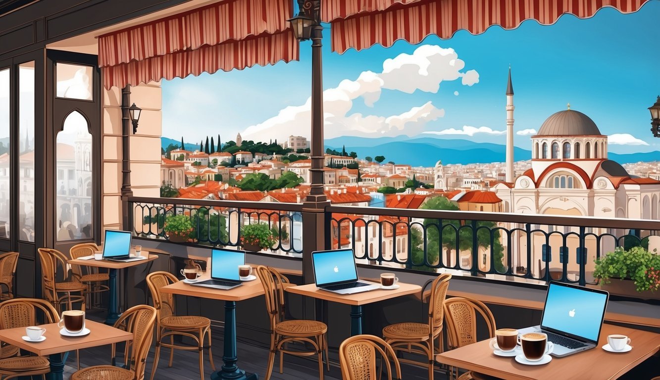 A bustling Thessaloniki cafe with laptops, coffee, and a view of the city's historic architecture