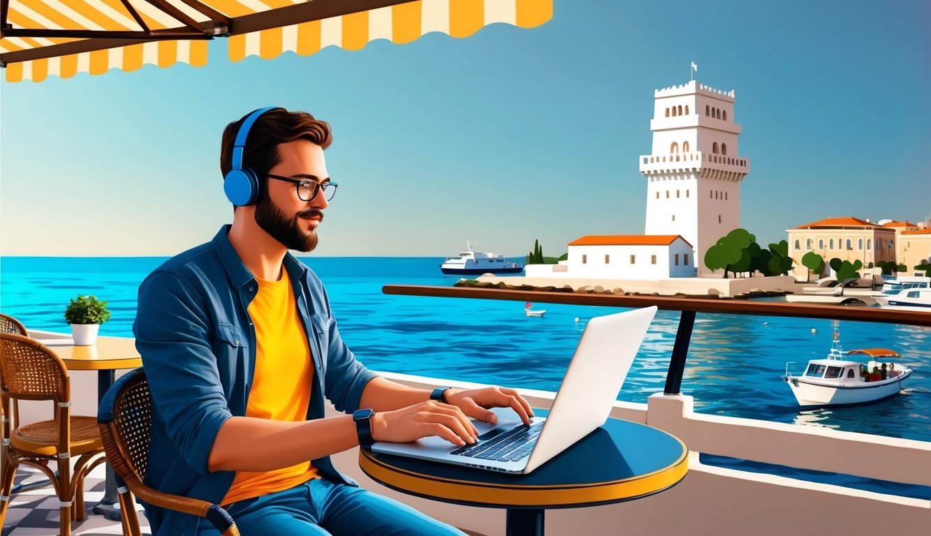 A digital nomad working on a laptop at a seaside cafe in Thessaloniki, Greece, with a view of the sea and the iconic White Tower in the background