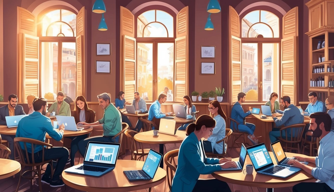 A cozy cafe in Thessaloniki, Greece, filled with laptops and people working.</p><p>The warm sunlight streams in through the large windows, casting a soft glow on the bustling scene