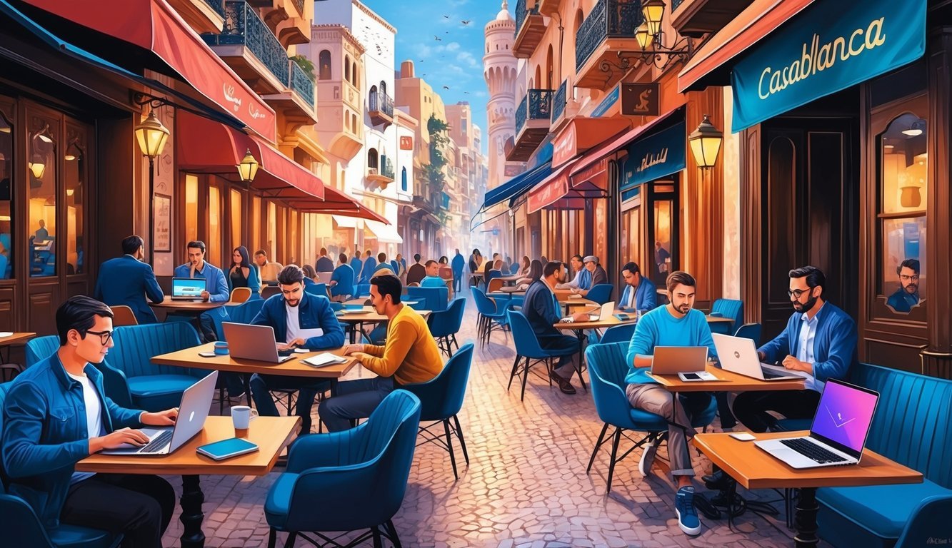 A bustling cafe in Casablanca, with laptops and notebooks scattered across tables as digital nomads work and network amidst the city's vibrant energy