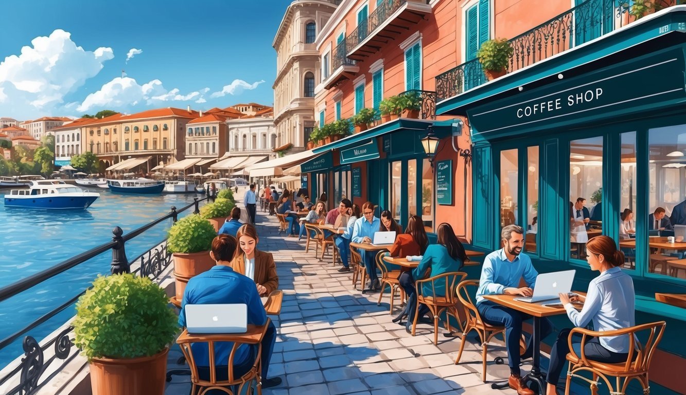 A bustling coffee shop with people working on laptops, overlooking the historic waterfront of Thessaloniki, Greece