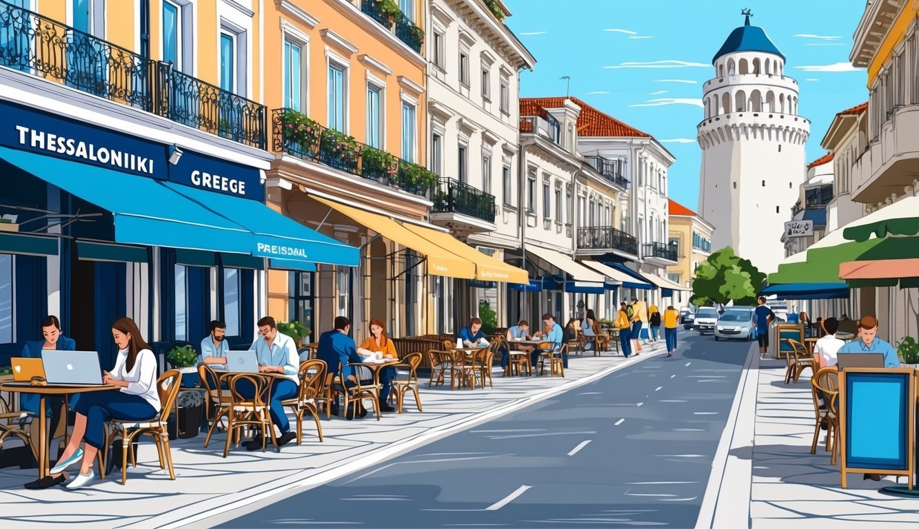 A bustling street in Thessaloniki, Greece, with cafes, co-working spaces, and people working on laptops.</p><p>The city's iconic White Tower is visible in the background