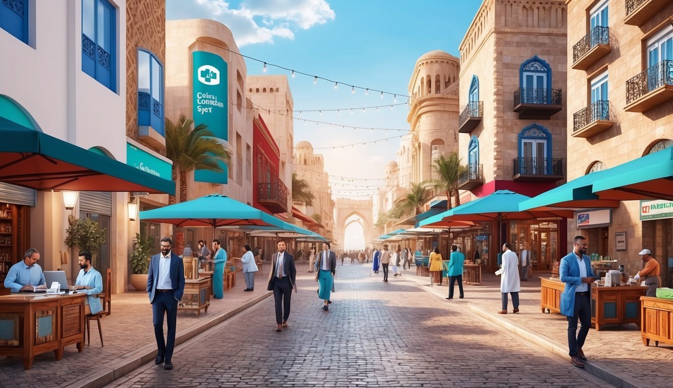 A bustling Casablanca street with modern coworking spaces, health clinics, and regulatory offices surrounded by vibrant markets and traditional architecture