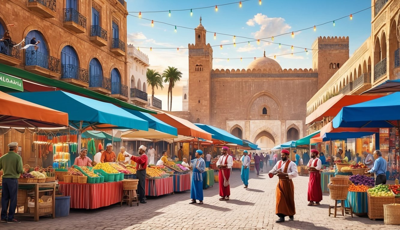 A bustling outdoor market in Casablanca, with colorful stalls, street performers, and lively music, surrounded by historic architecture