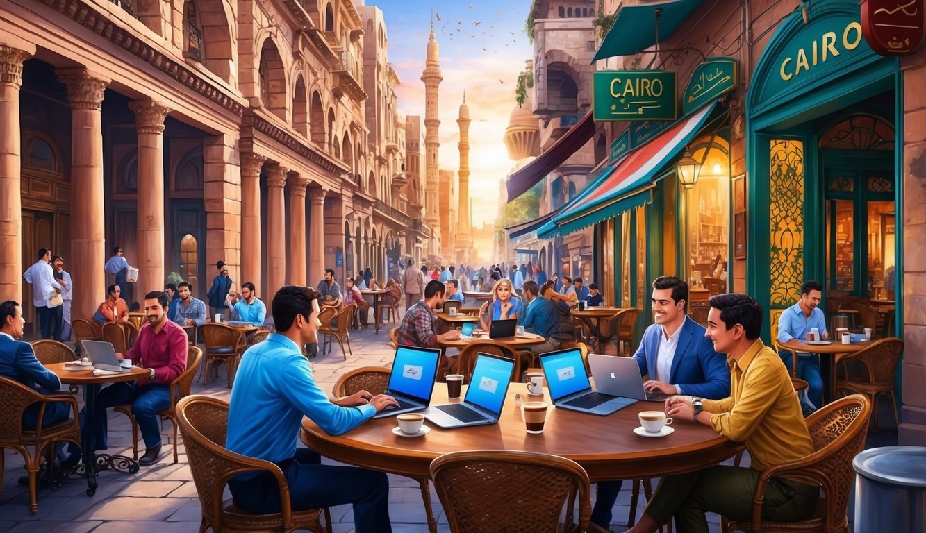 A bustling Cairo cafe with laptops and coffee, surrounded by ancient architecture and vibrant street life