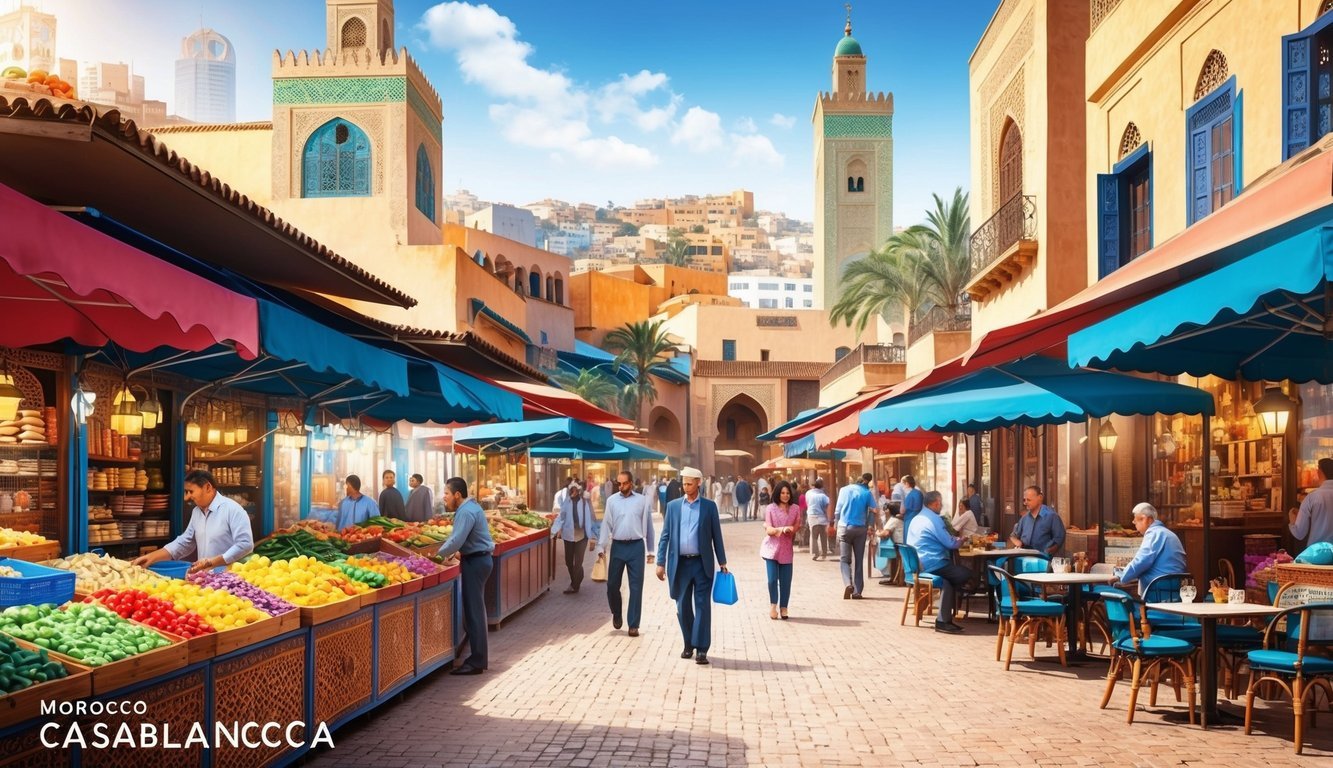 A bustling marketplace in Casablanca, Morocco with colorful stalls, traditional architecture, and modern cafes, surrounded by the city's vibrant energy