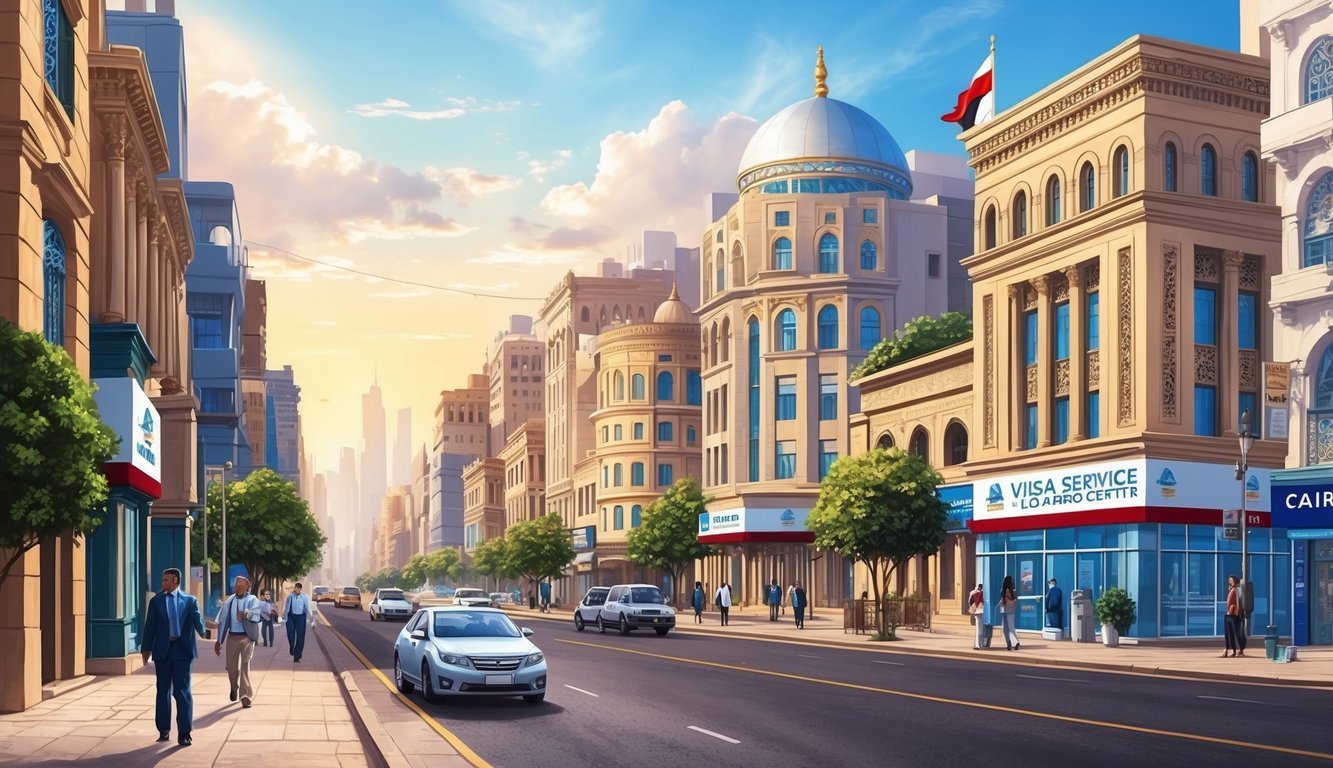A bustling Cairo street with a mix of traditional and modern architecture, featuring government buildings and visa service centers
