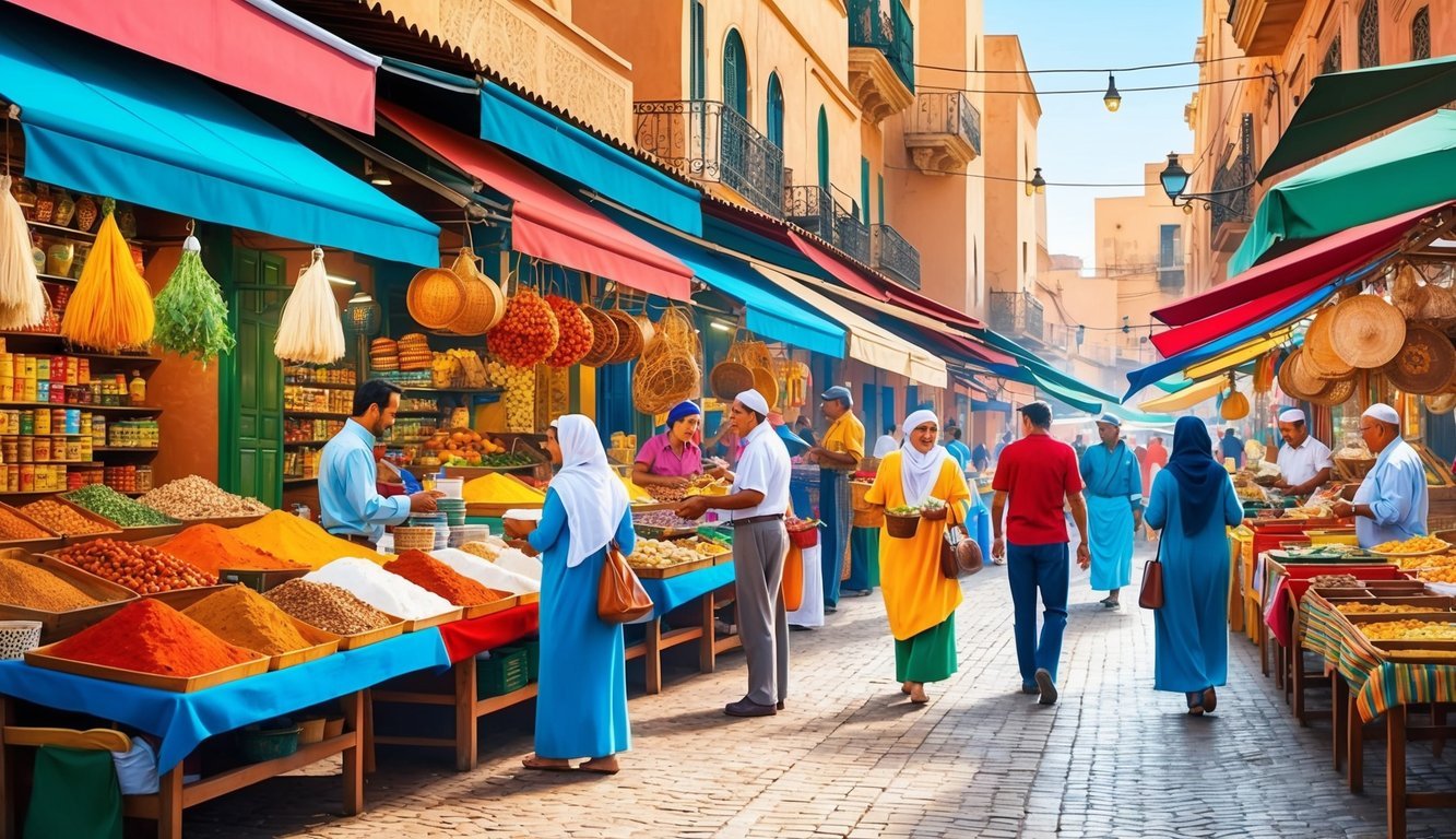 A bustling street market in Casablanca, with colorful stalls selling spices, textiles, and traditional crafts.</p><p>The aroma of exotic foods fills the air as locals and tourists mingle