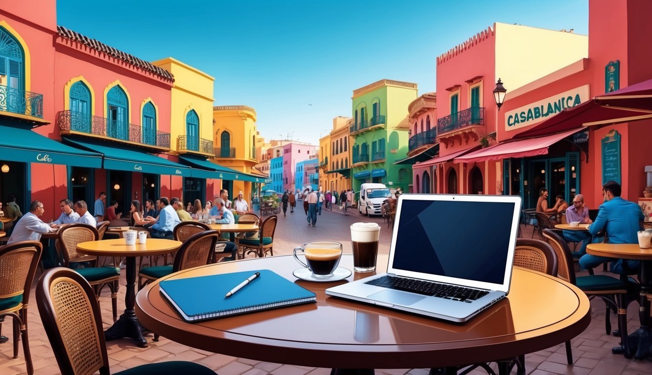A cozy cafe in Casablanca, with a laptop, notebook, and coffee on a table overlooking the bustling streets and colorful buildings
