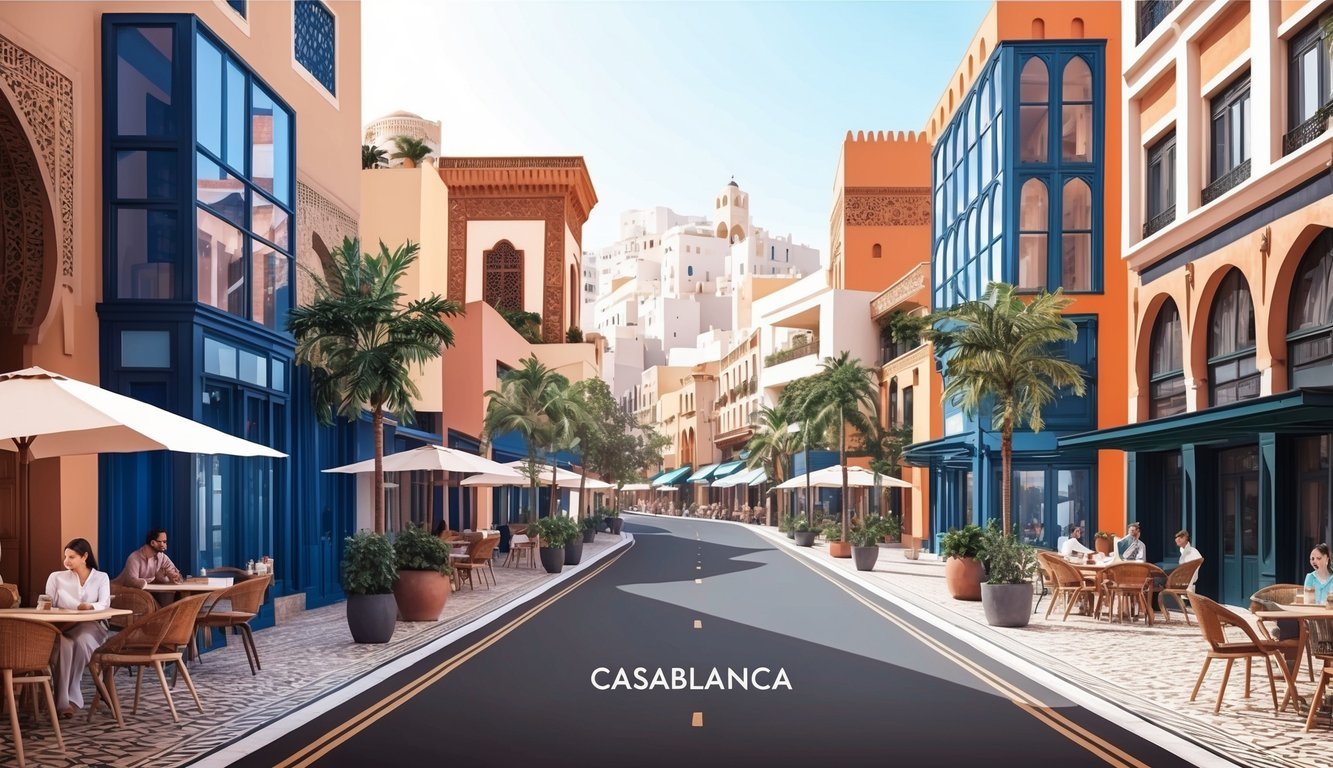 A bustling street in Casablanca, Morocco with modern buildings and traditional architecture, surrounded by cafes and co-working spaces