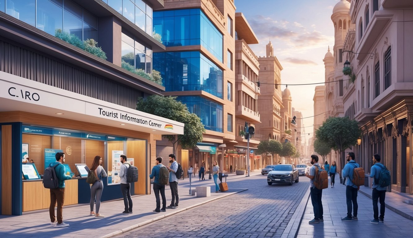 A bustling Cairo street with modern buildings and traditional architecture, featuring digital nomads seeking information at a tourist information center