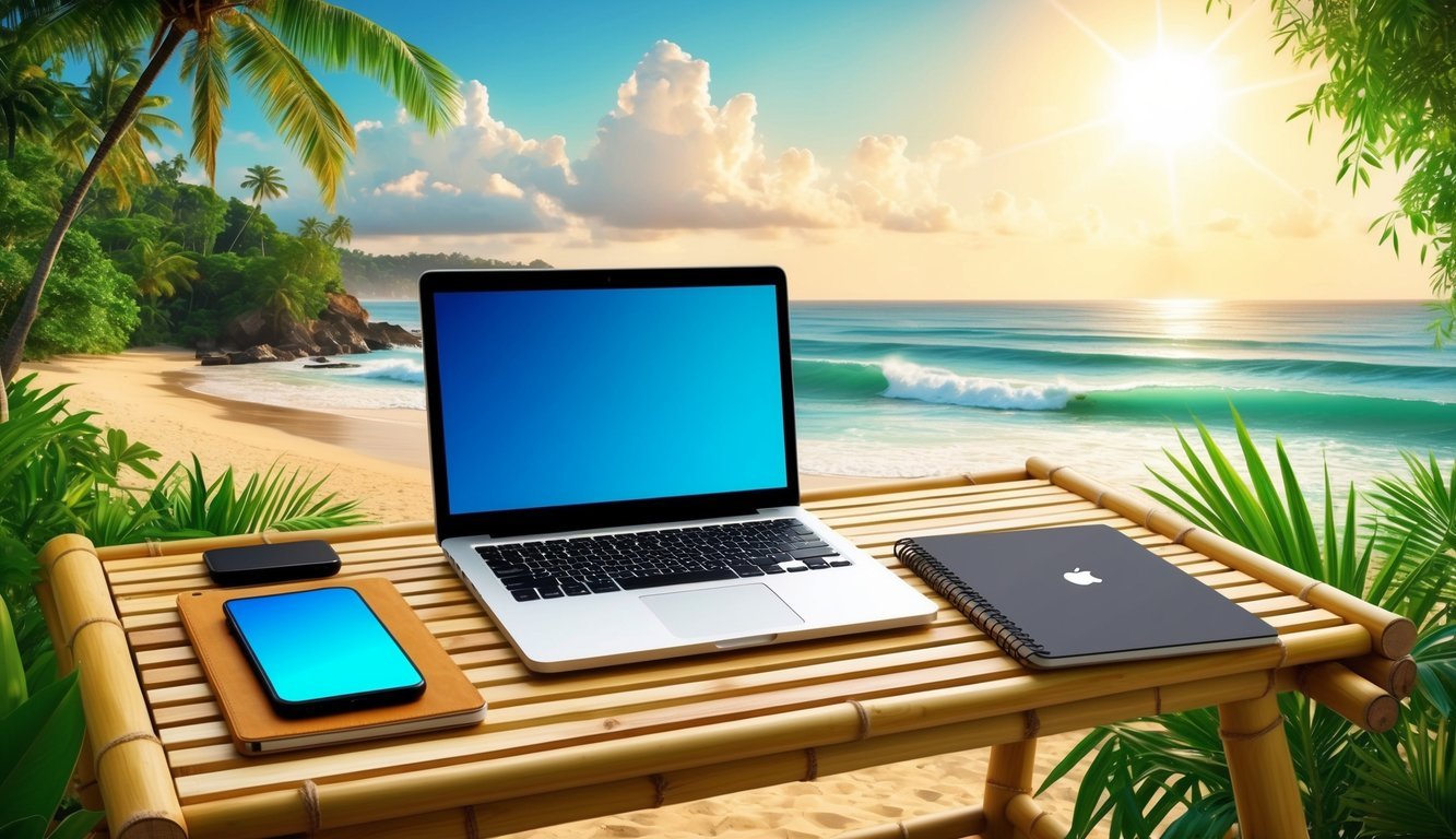 A laptop, notebook, and smartphone sit on a bamboo desk overlooking a tranquil beach in Goa, India.</p><p>The sun shines down on the peaceful workspace, surrounded by lush greenery and the sound of crashing waves