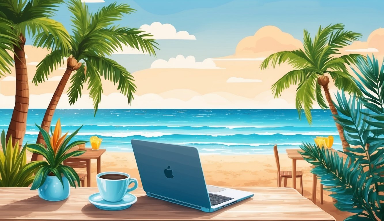 A cozy beachside cafe with a laptop, tropical plants, and a view of the ocean and palm trees