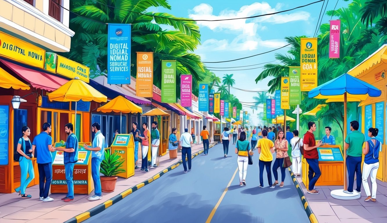 A bustling street in Goa, India, with colorful signs and banners advertising digital nomad services.</p><p>People gather around information kiosks and cafes