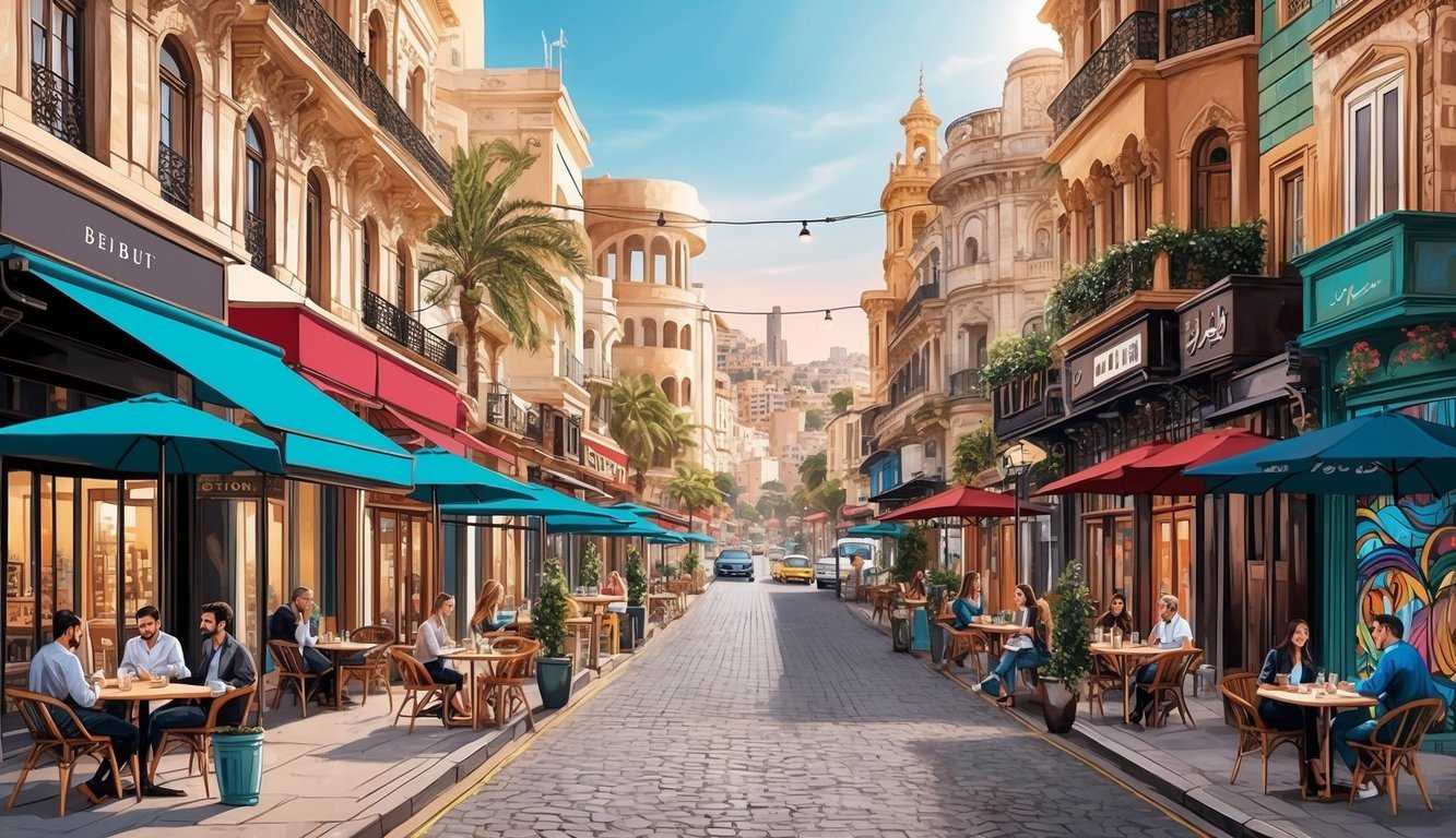 A bustling street in Beirut, lined with modern cafes and co-working spaces, surrounded by historic architecture and vibrant street art