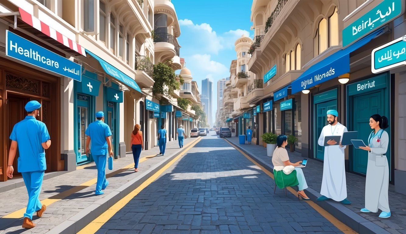 A bustling street in Beirut, lined with modern healthcare facilities and safety measures for digital nomads