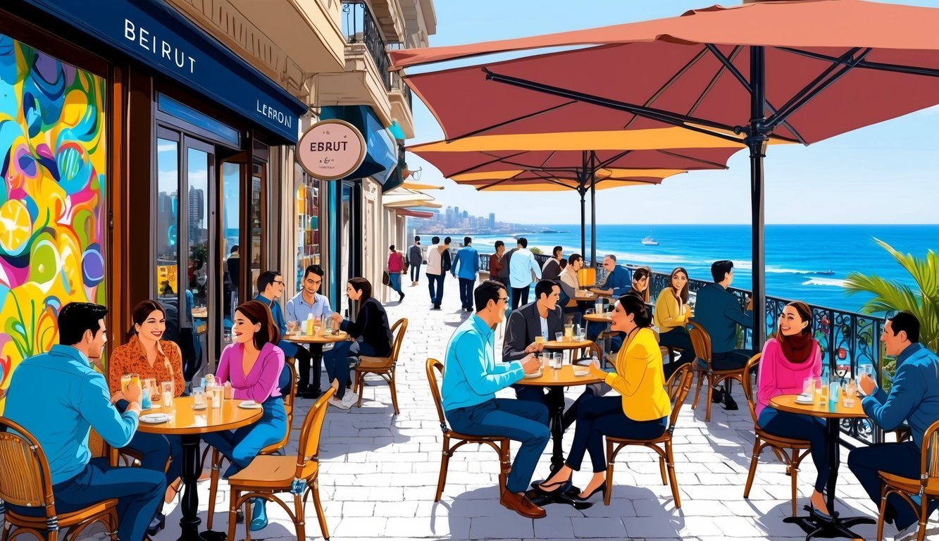 A bustling café in Beirut, Lebanon, with people chatting at outdoor tables, colorful street art, and a view of the Mediterranean Sea