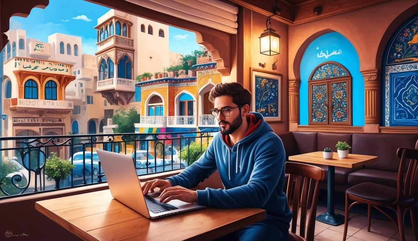 A digital nomad working on a laptop in a cozy cafe in Beirut, surrounded by colorful murals and traditional Lebanese architecture