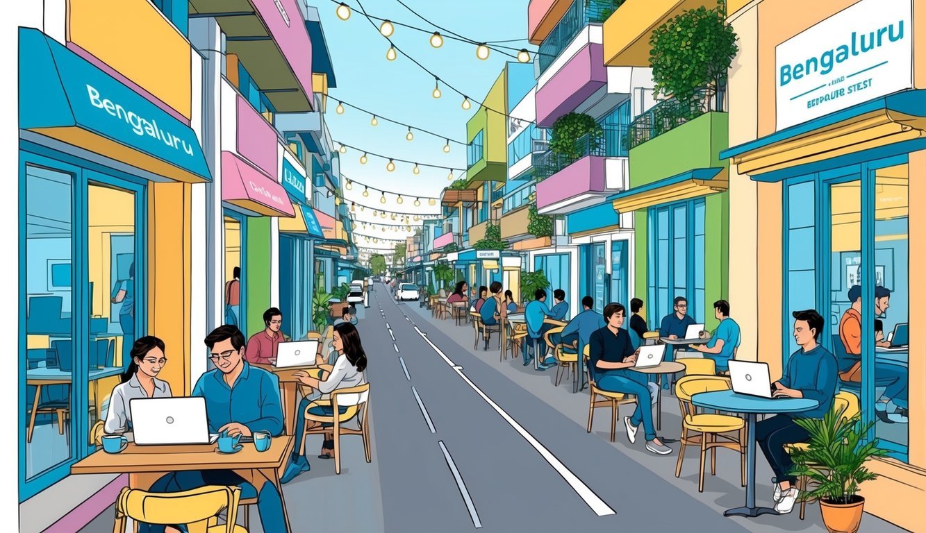 A bustling Bengaluru street lined with modern coworking spaces and trendy cafes, with digital nomads typing away on laptops and networking over chai