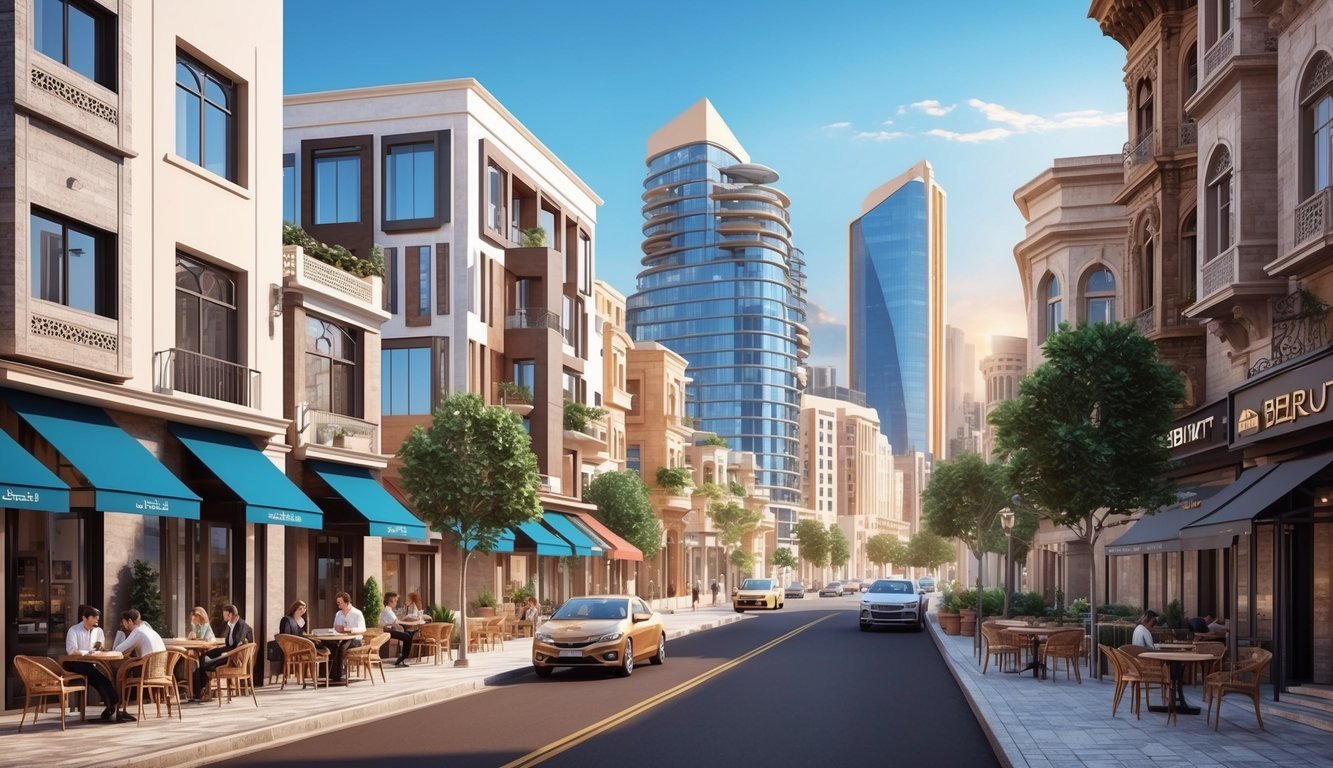 A bustling street in Beirut, with modern buildings and traditional architecture, surrounded by cafes and co-working spaces