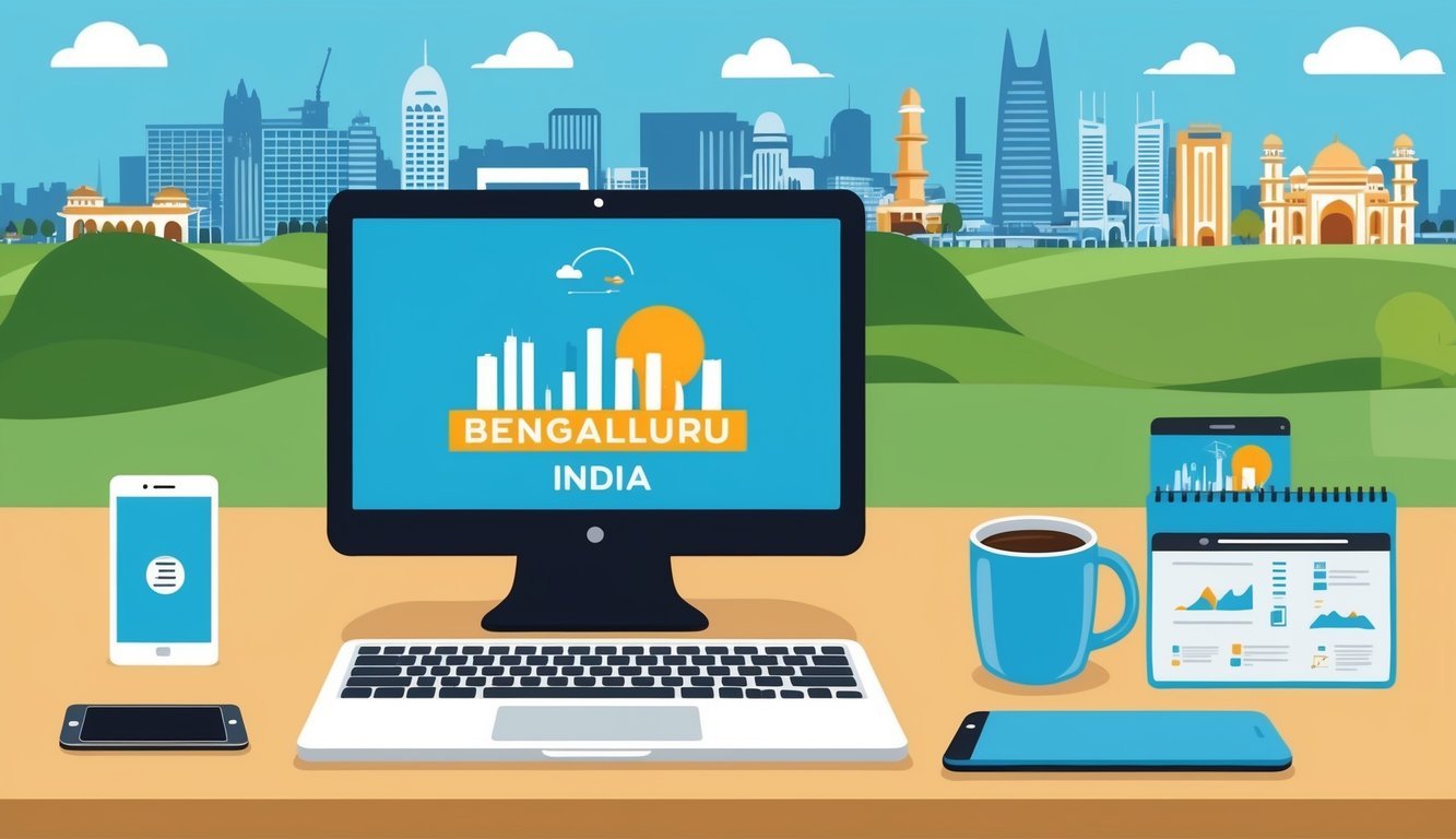 A digital nomad's workspace in Bengaluru, India, with a laptop, phone, coffee mug, and city skyline in the background