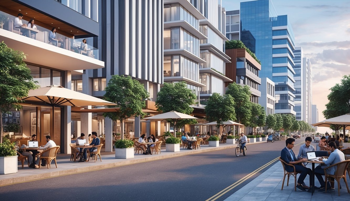 A bustling Bengaluru street with modern office buildings and people working on laptops at outdoor cafes