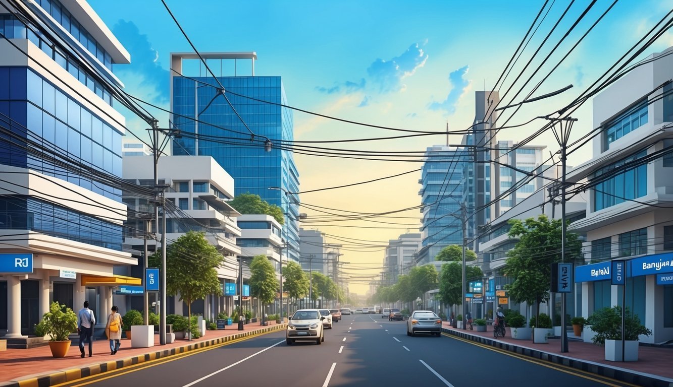 A bustling street in Bengaluru, India, lined with modern office buildings and tech hubs, with a network of cables and wires crisscrossing the skyline