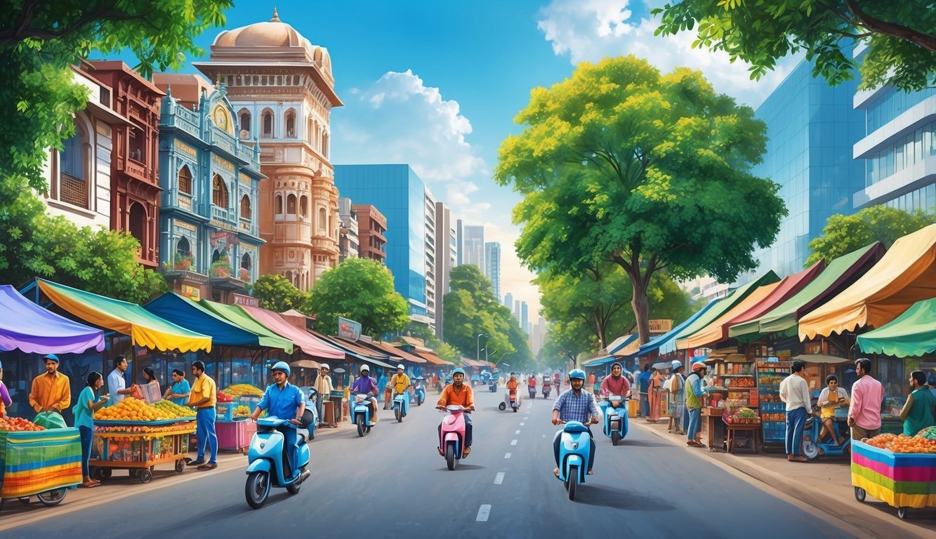 A bustling Bengaluru street with diverse architecture, people on scooters, and colorful market stalls, surrounded by lush greenery and modern office buildings
