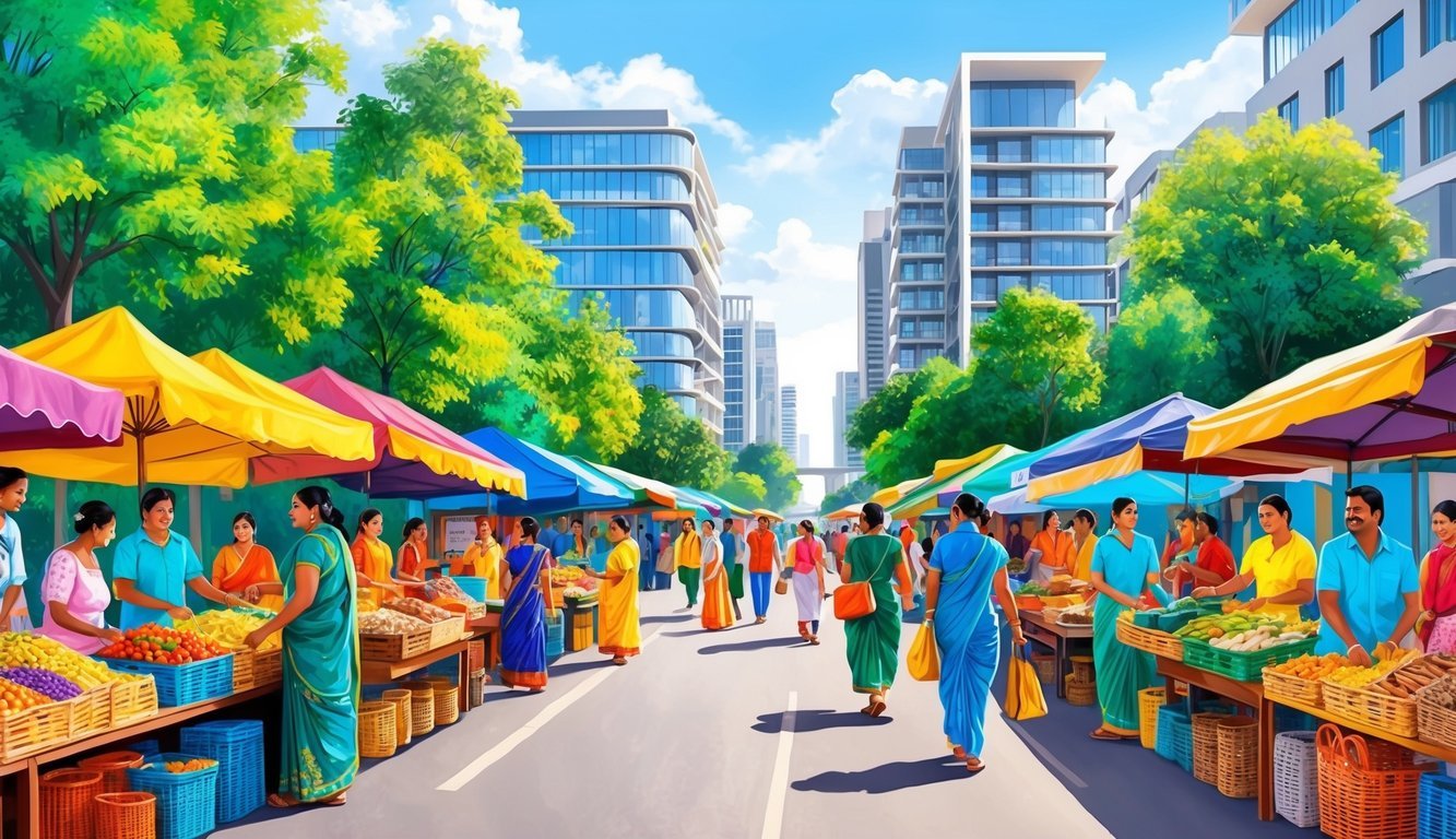 A bustling street market in Bengaluru, with colorful stalls and vendors selling local goods, surrounded by modern buildings and lush greenery