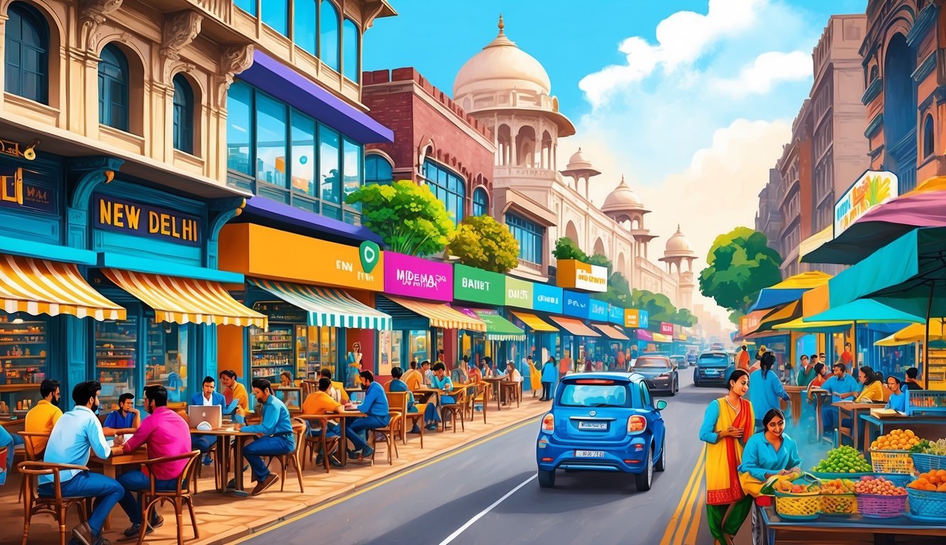 Busy street in New Delhi with modern co-working spaces, bustling cafes, and colorful markets, surrounded by historical architecture and vibrant street art