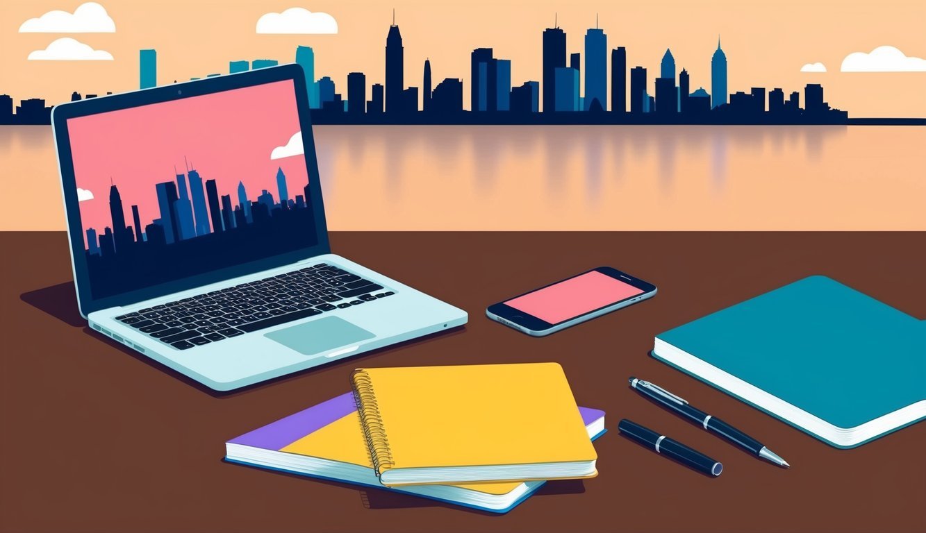 A laptop, smartphone, notebook, and pen arranged on a desk with a city skyline in the background