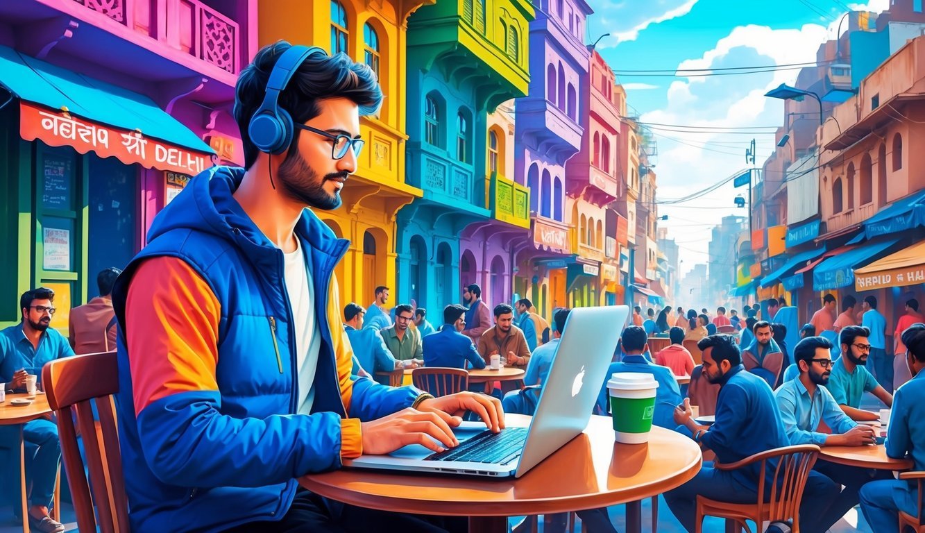 A digital nomad working on a laptop at a bustling street cafe in Delhi, surrounded by colorful buildings and the sounds of the city